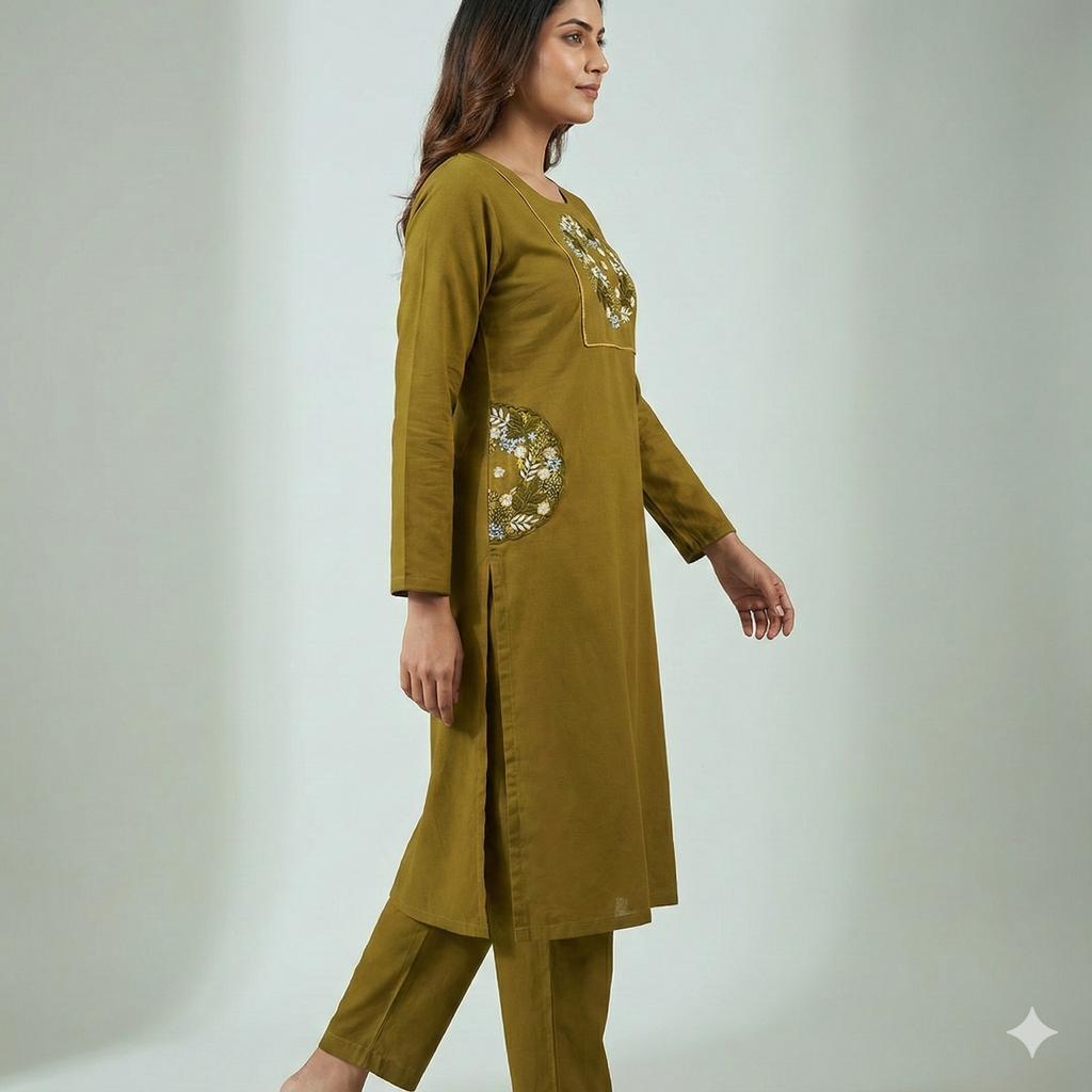 Mustard Cotton Embroidered Co-ord Set for Women – Elegant Kurta & Pant Set | Daily & Office Wear