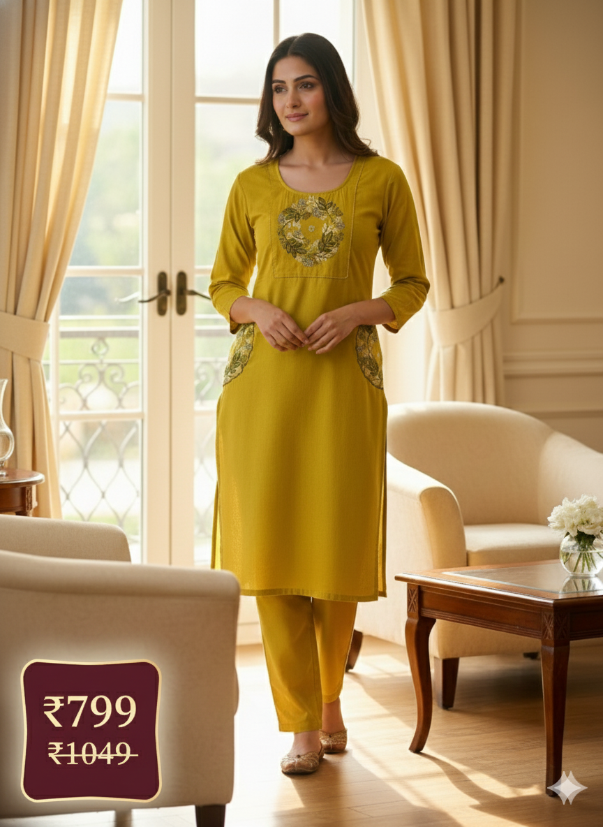 Mustard Yellow Embroidered Co-ord Set for Women | Elegant Daily Wear Kurti & Pant Set