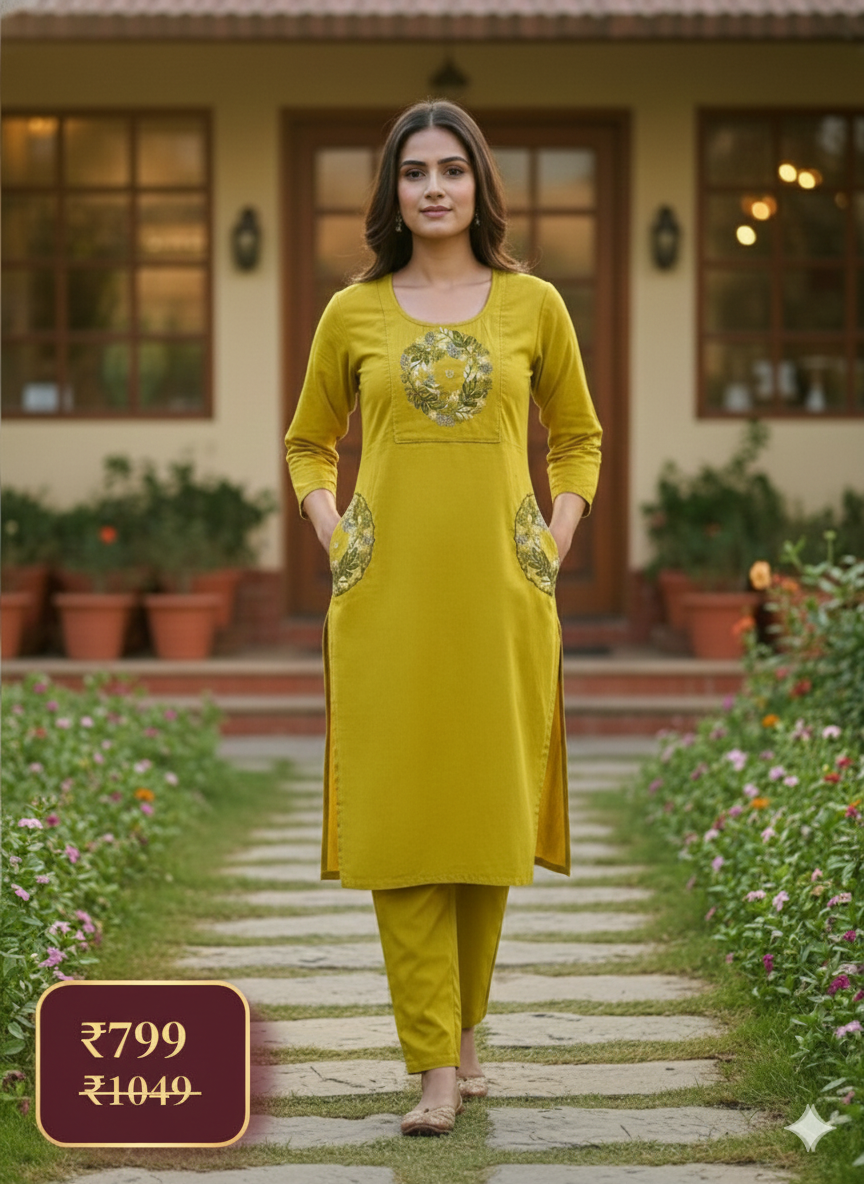 Mustard Yellow Embroidered Co-ord Set for Women | Elegant Daily Wear Kurti & Pant Set