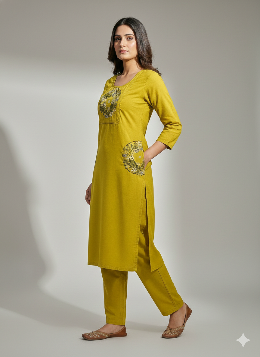 Mustard Yellow Embroidered Co-ord Set for Women | Elegant Daily Wear Kurti & Pant Set