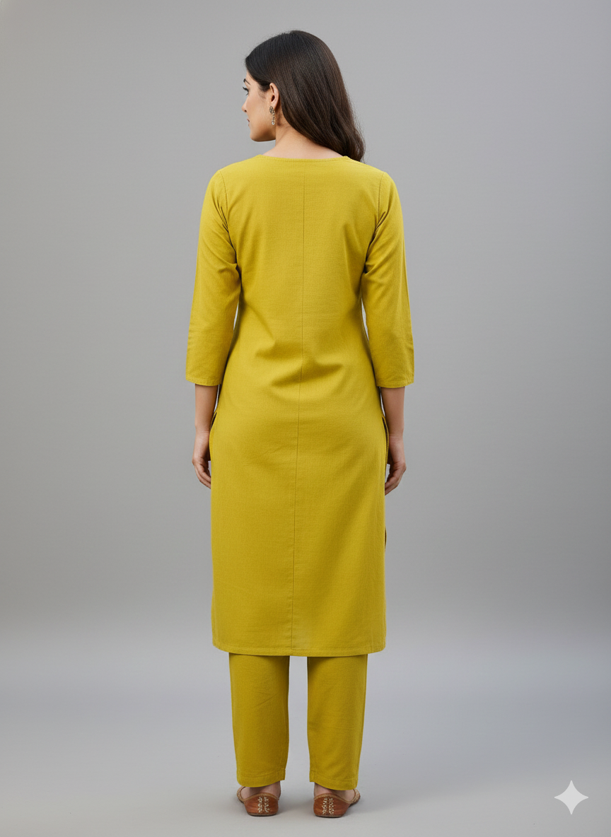 Mustard Yellow Embroidered Co-ord Set for Women | Elegant Daily Wear Kurti & Pant Set
