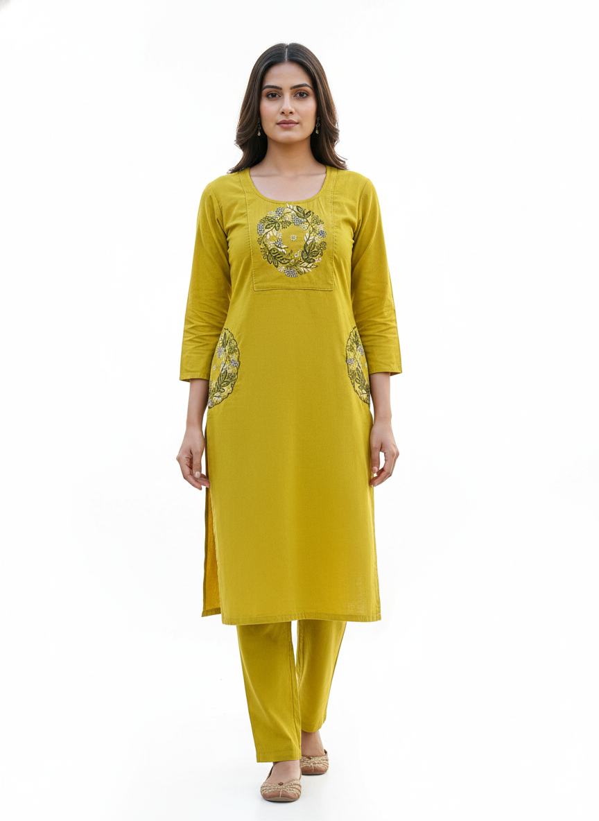 Mustard Yellow Embroidered Co-ord Set for Women | Elegant Daily Wear Kurti & Pant Set