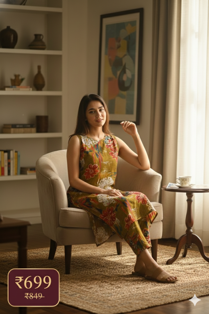 Mustard Floral Printed Sleeveless Co-ord Set for Women – Comfortable Daily Wear Kurta & Pant Set | Short Sleeves Attached Inside