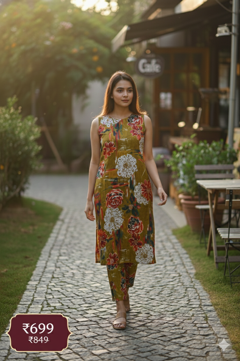 Mustard Floral Printed Sleeveless Co-ord Set for Women – Comfortable Daily Wear Kurta & Pant Set | Short Sleeves Attached Inside