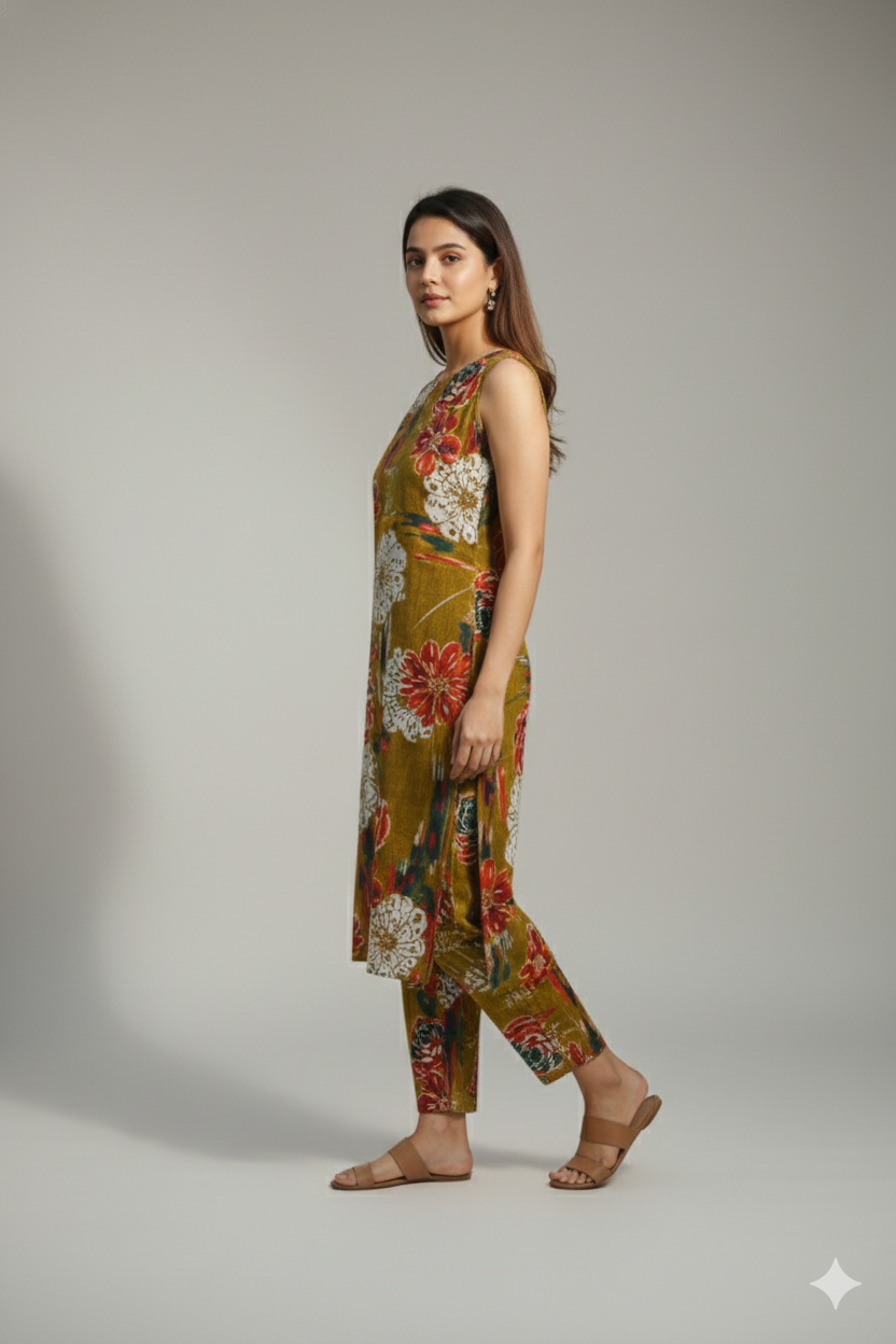 Mustard Floral Printed Sleeveless Co-ord Set for Women – Comfortable Daily Wear Kurta & Pant Set | Short Sleeves Attached Inside