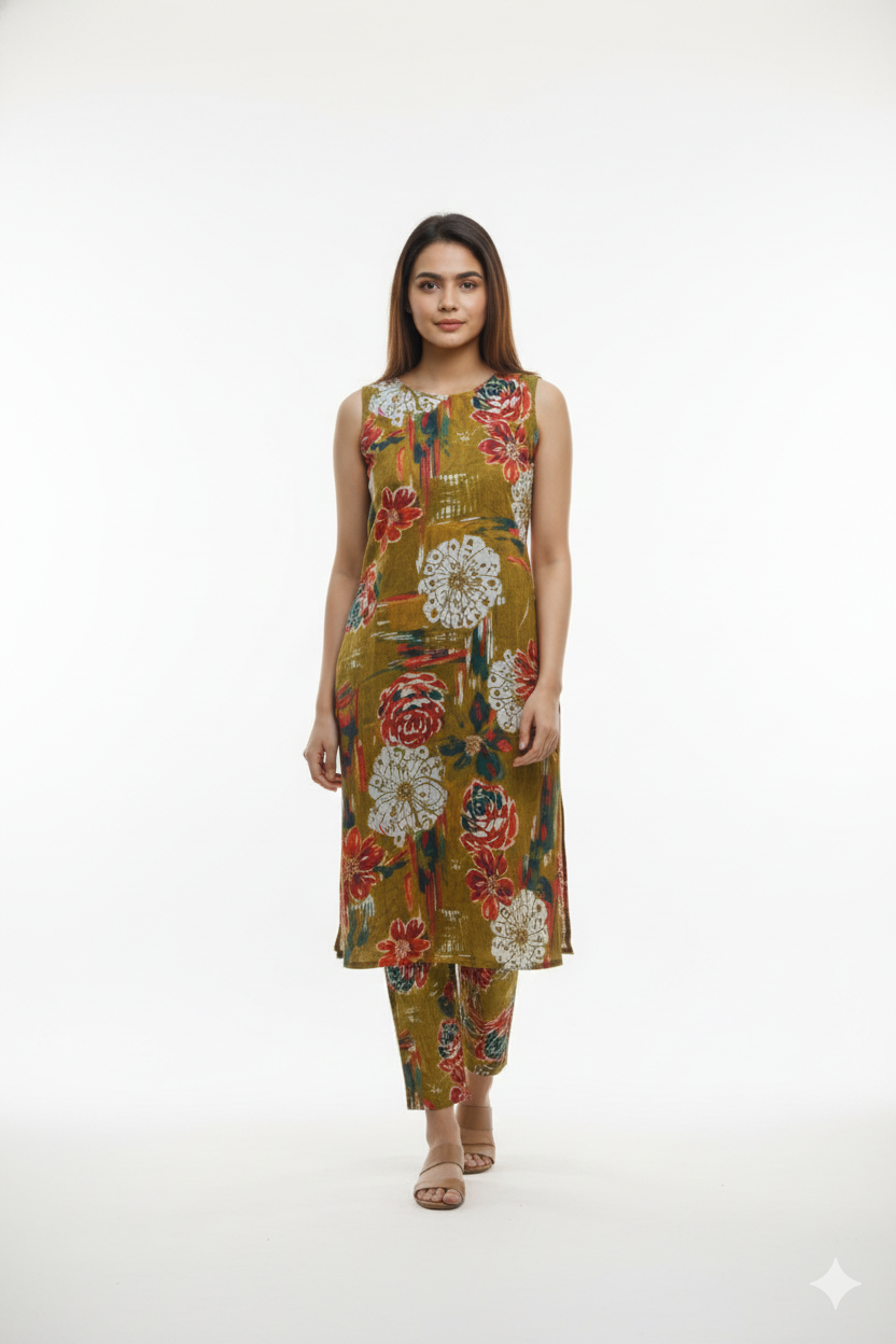 Mustard Floral Printed Sleeveless Co-ord Set for Women – Comfortable Daily Wear Kurta & Pant Set | Short Sleeves Attached Inside