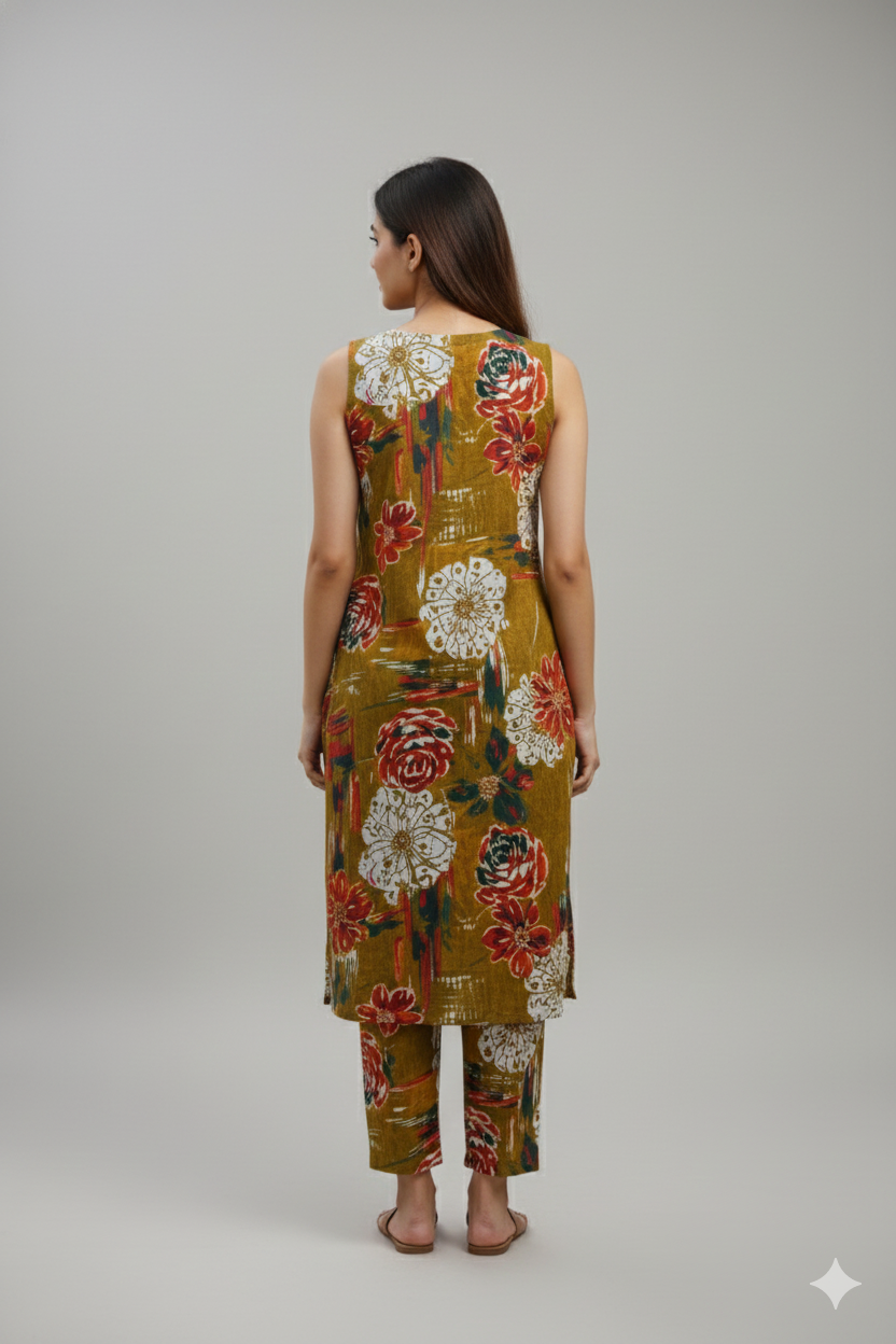 Mustard Floral Printed Sleeveless Co-ord Set for Women – Comfortable Daily Wear Kurta & Pant Set | Short Sleeves Attached Inside