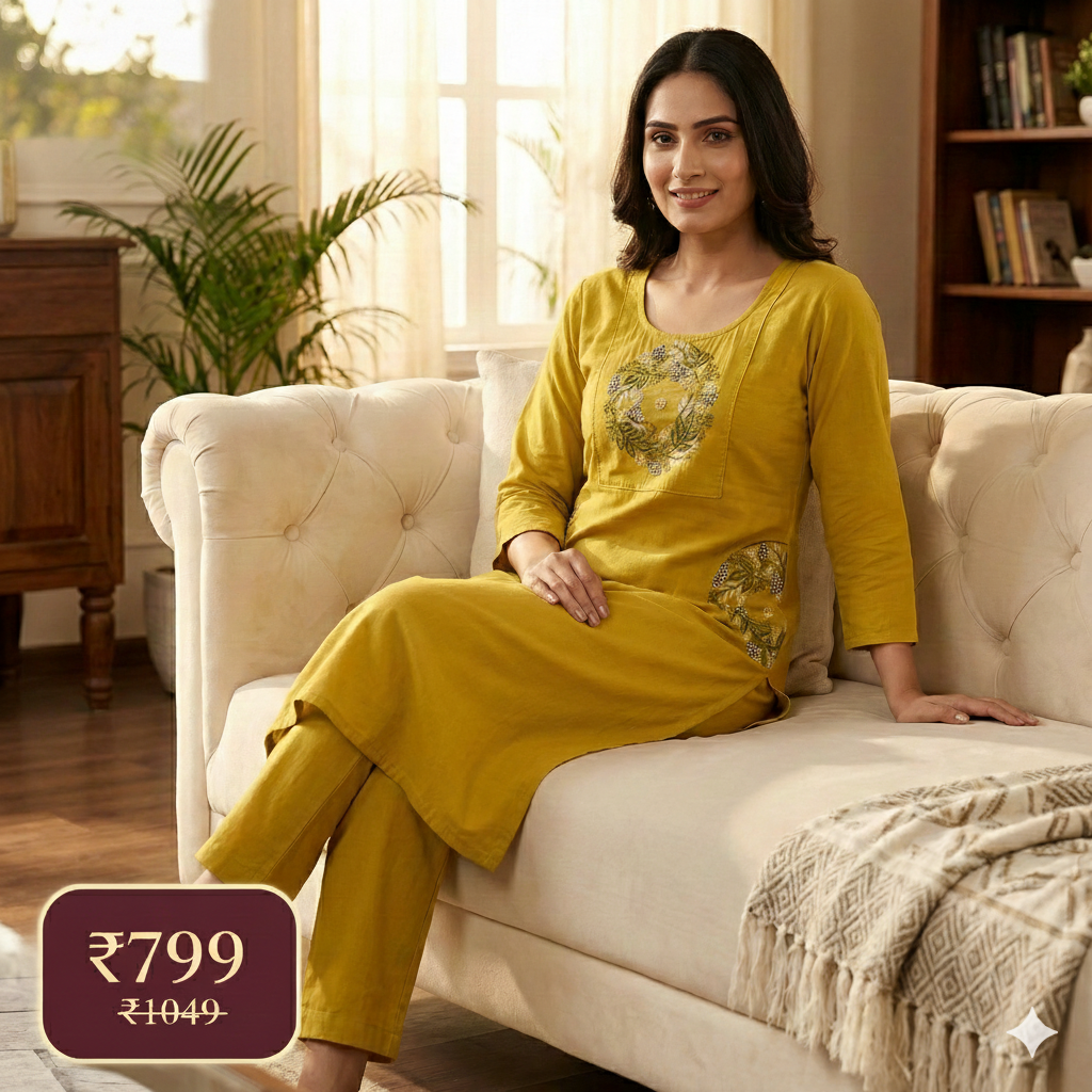 Mustard Cotton Embroidered Co-ord Set for Women – Stylish Kurta & Pant Set | Daily & Office Wear
