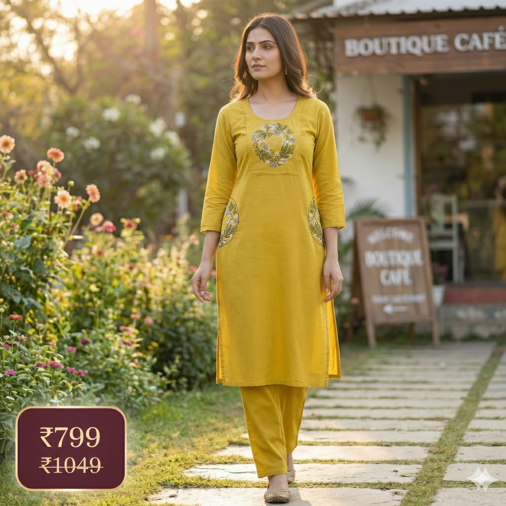 Mustard Cotton Embroidered Co-ord Set for Women – Stylish Kurta & Pant Set | Daily & Office Wear
