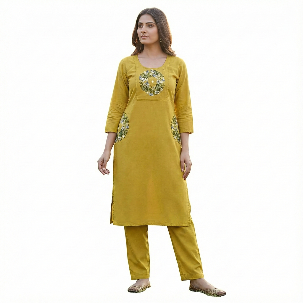 Mustard Cotton Embroidered Co-ord Set for Women – Stylish Kurta & Pant Set | Daily & Office Wear