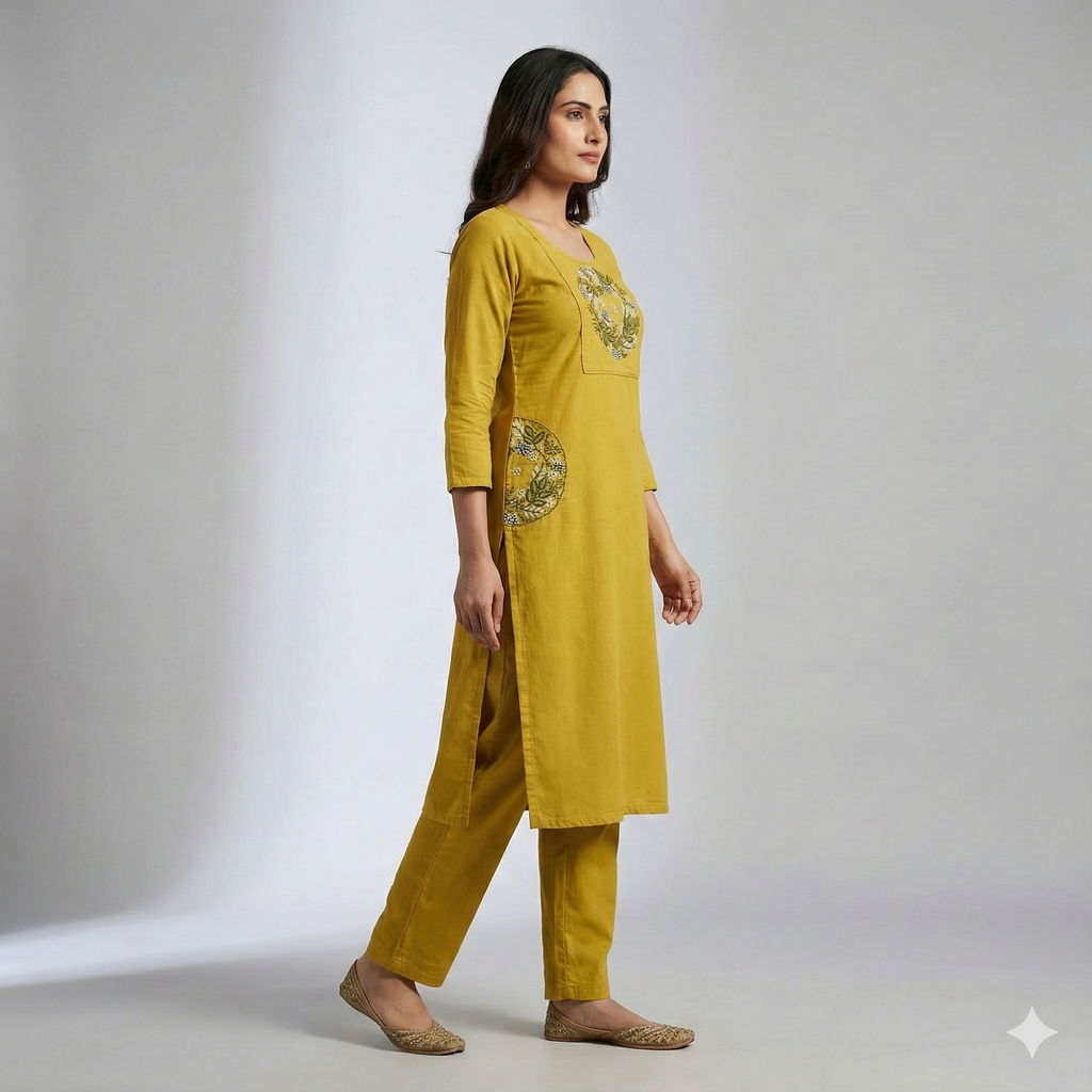 Mustard Cotton Embroidered Co-ord Set for Women – Stylish Kurta & Pant Set | Daily & Office Wear