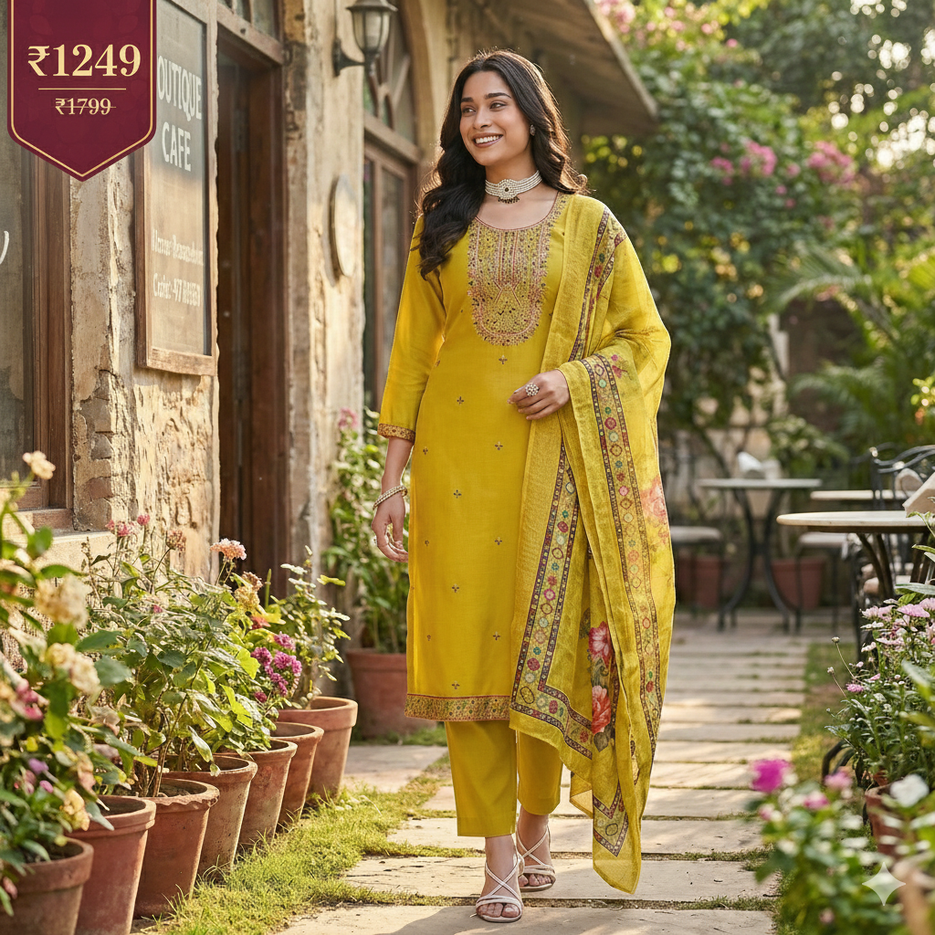Mustard Yellow Embroidered 3-Piece Suit Set for Women – Kurta, Pant & Printed Dupatta | Festive Ethnic Wear