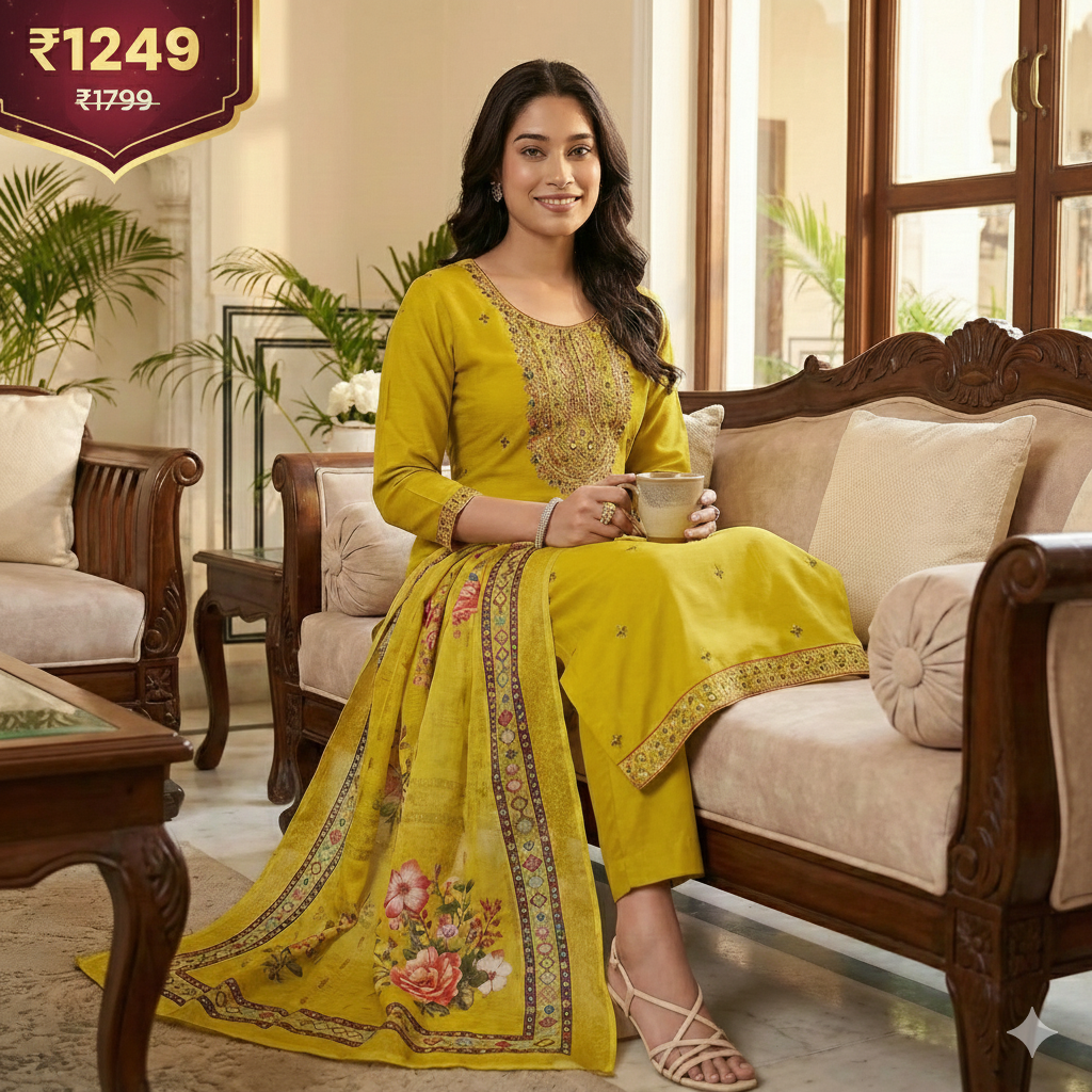 Mustard Yellow Embroidered 3-Piece Suit Set for Women – Kurta, Pant & Printed Dupatta | Festive Ethnic Wear