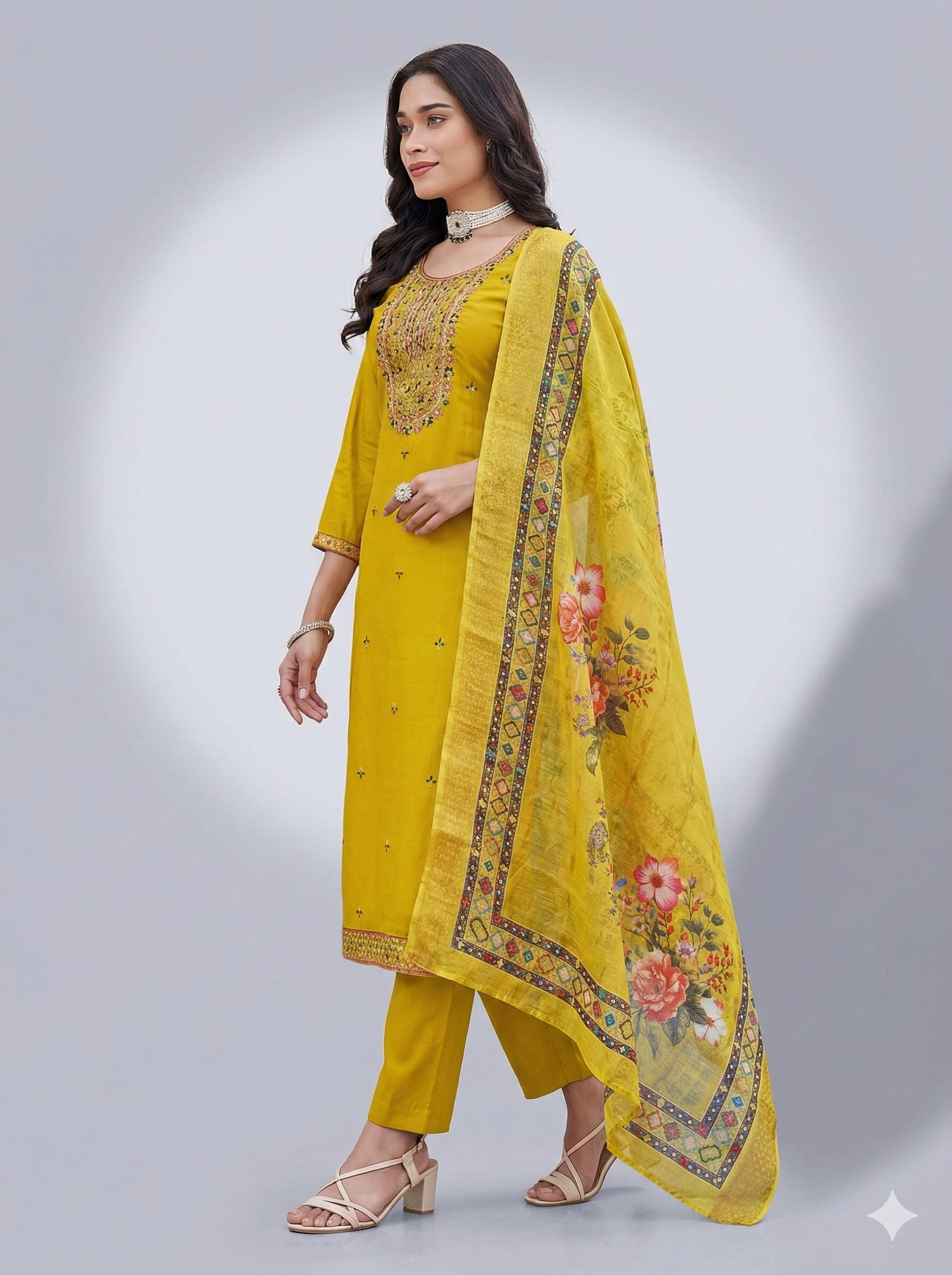 Mustard Yellow Embroidered 3-Piece Suit Set for Women – Kurta, Pant & Printed Dupatta | Festive Ethnic Wear
