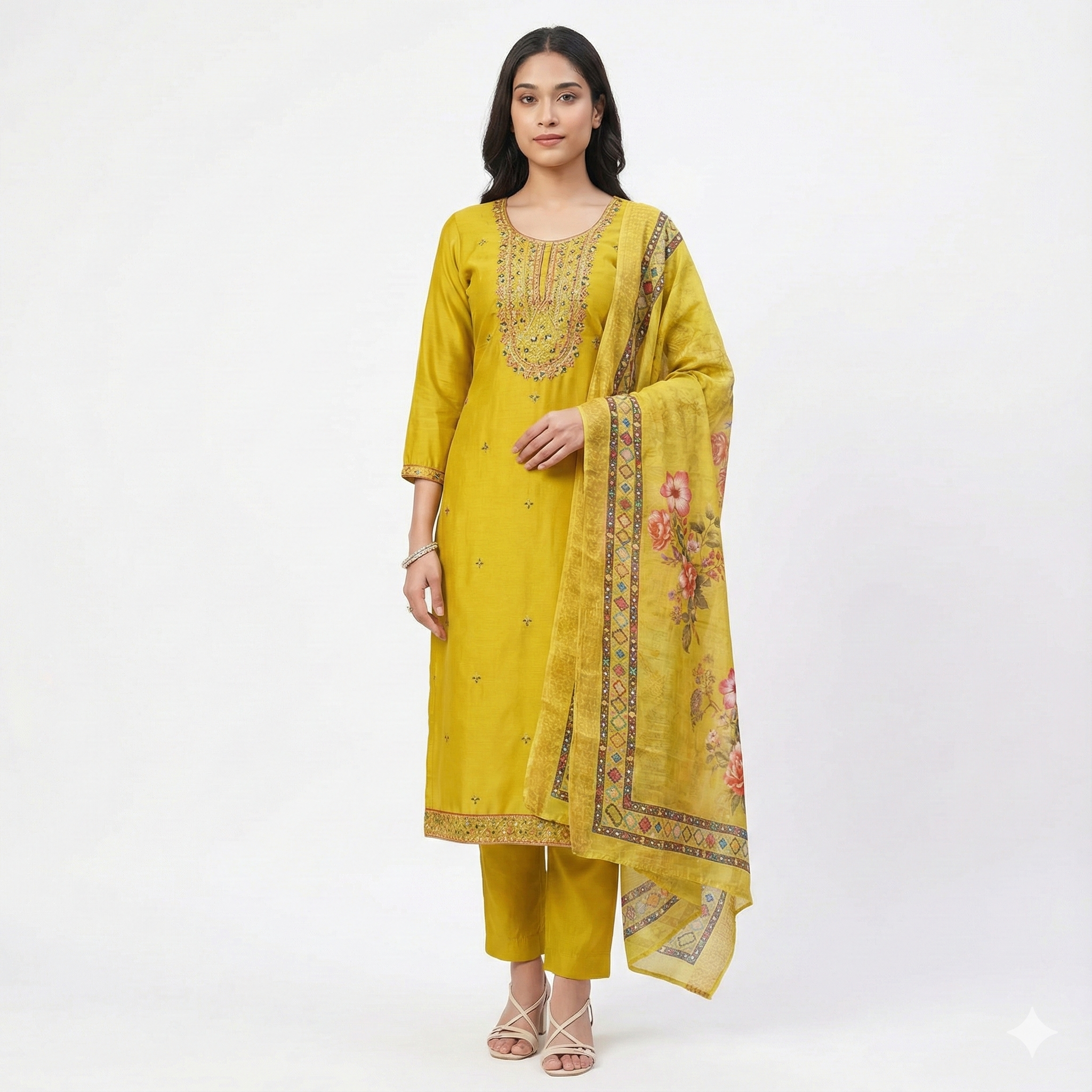 Mustard Yellow Embroidered 3-Piece Suit Set for Women – Kurta, Pant & Printed Dupatta | Festive Ethnic Wear