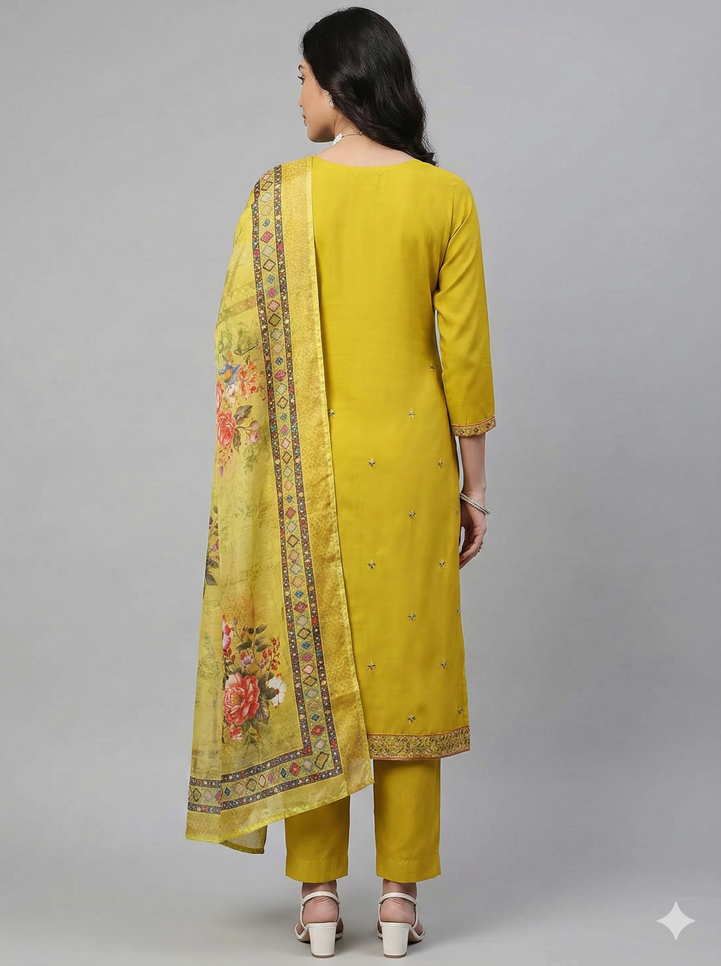 Mustard Yellow Embroidered 3-Piece Suit Set for Women – Kurta, Pant & Printed Dupatta | Festive Ethnic Wear