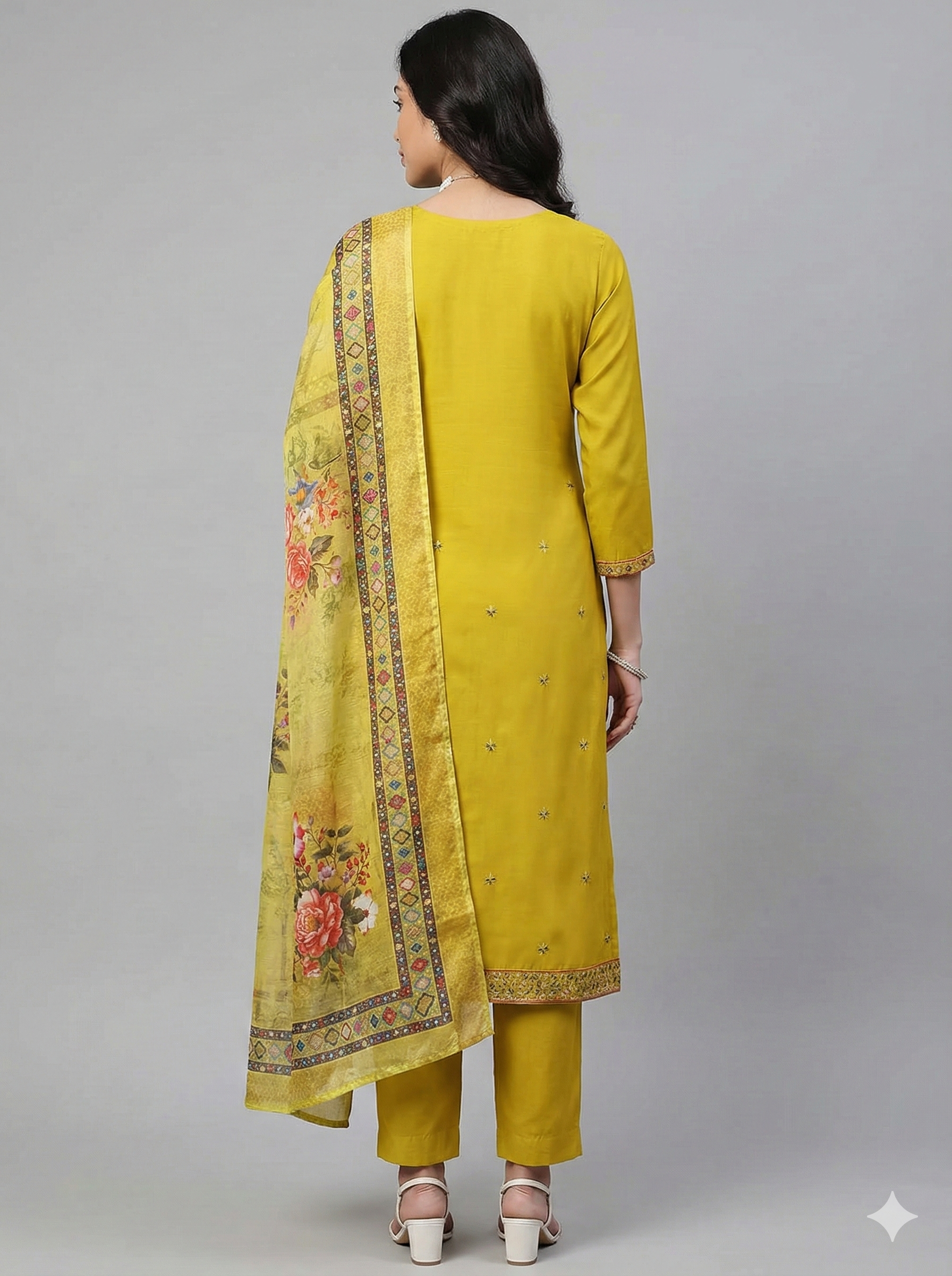 Mustard Yellow Embroidered 3-Piece Suit Set for Women – Kurta, Pant & Printed Dupatta | Festive Ethnic Wear