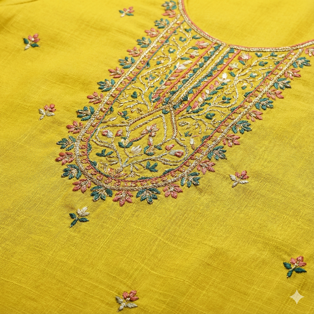 Mustard Yellow Embroidered 3-Piece Suit Set for Women – Kurta, Pant & Printed Dupatta | Festive Ethnic Wear