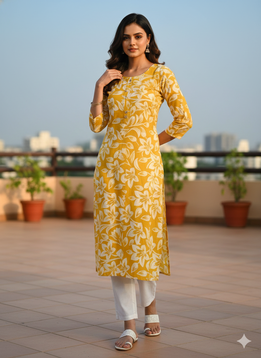 Plus Size Mustard Yellow Floral Cotton Long Kurti for Women (XXL–5XL) | Comfortable Daily Wear Straight Fit Kurta