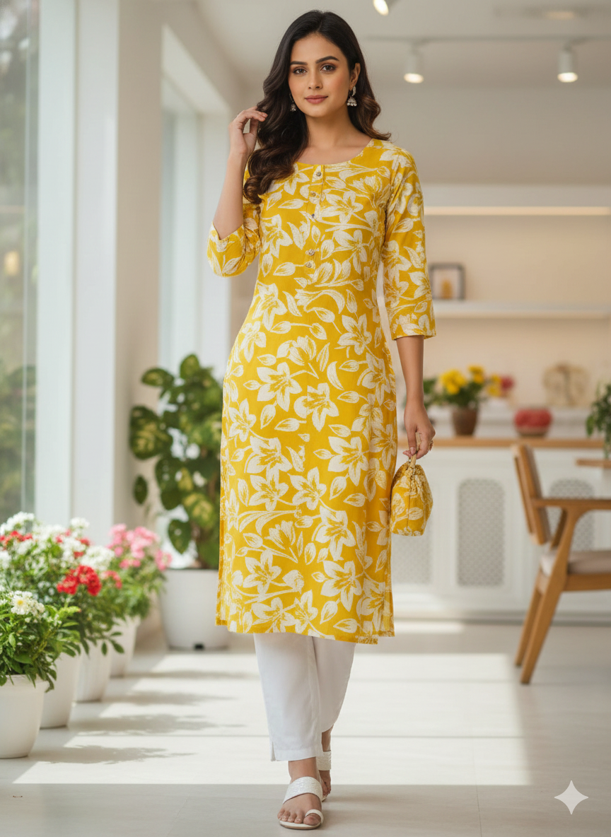 Plus Size Mustard Yellow Floral Cotton Long Kurti for Women (XXL–5XL) | Comfortable Daily Wear Straight Fit Kurta