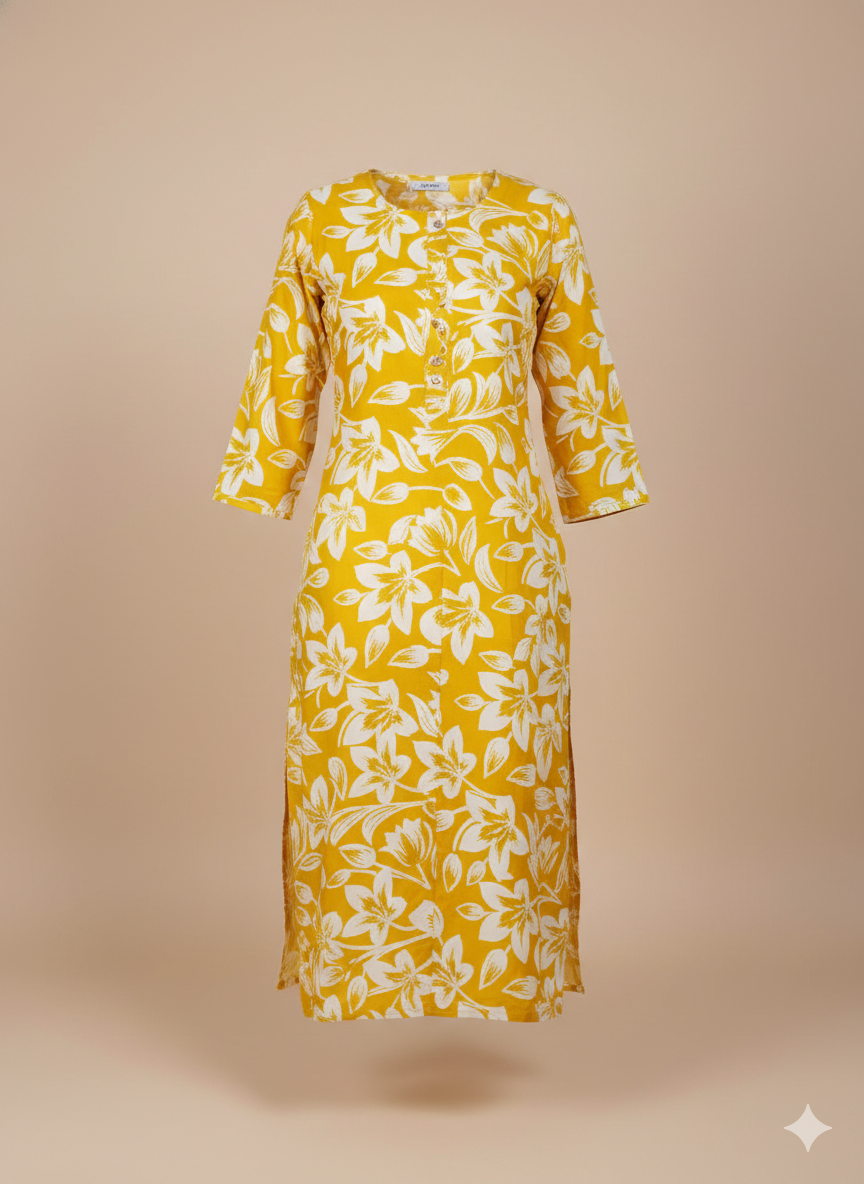 Plus Size Mustard Yellow Floral Cotton Long Kurti for Women (XXL–5XL) | Comfortable Daily Wear Straight Fit Kurta