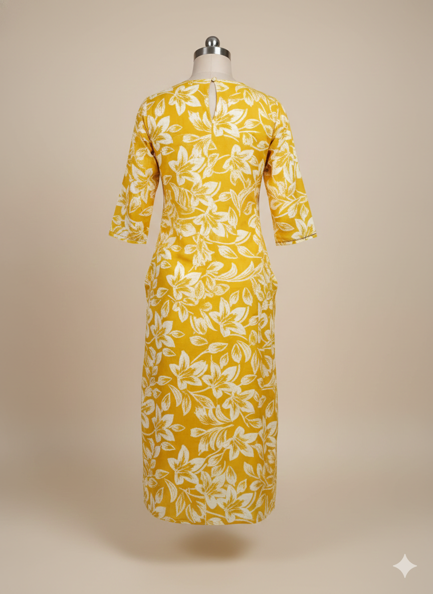 Plus Size Mustard Yellow Floral Cotton Long Kurti for Women (XXL–5XL) | Comfortable Daily Wear Straight Fit Kurta