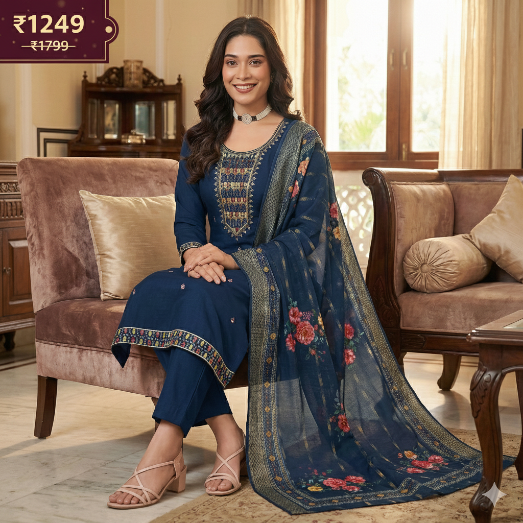 Navy Blue Embroidered 3-Piece Suit Set for Women – Kurta, Pant & Floral Printed Dupatta