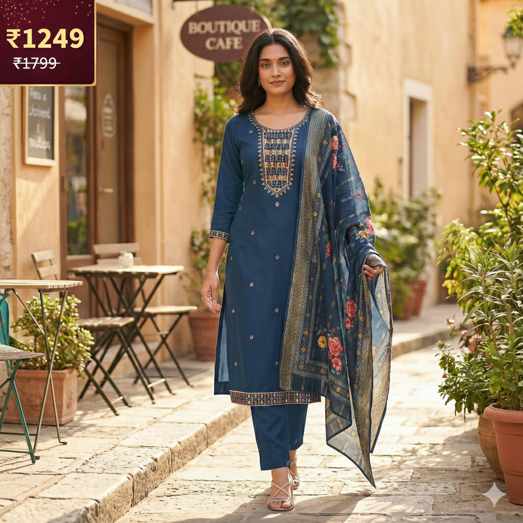 Navy Blue Embroidered 3-Piece Suit Set for Women – Kurta, Pant & Floral Printed Dupatta
