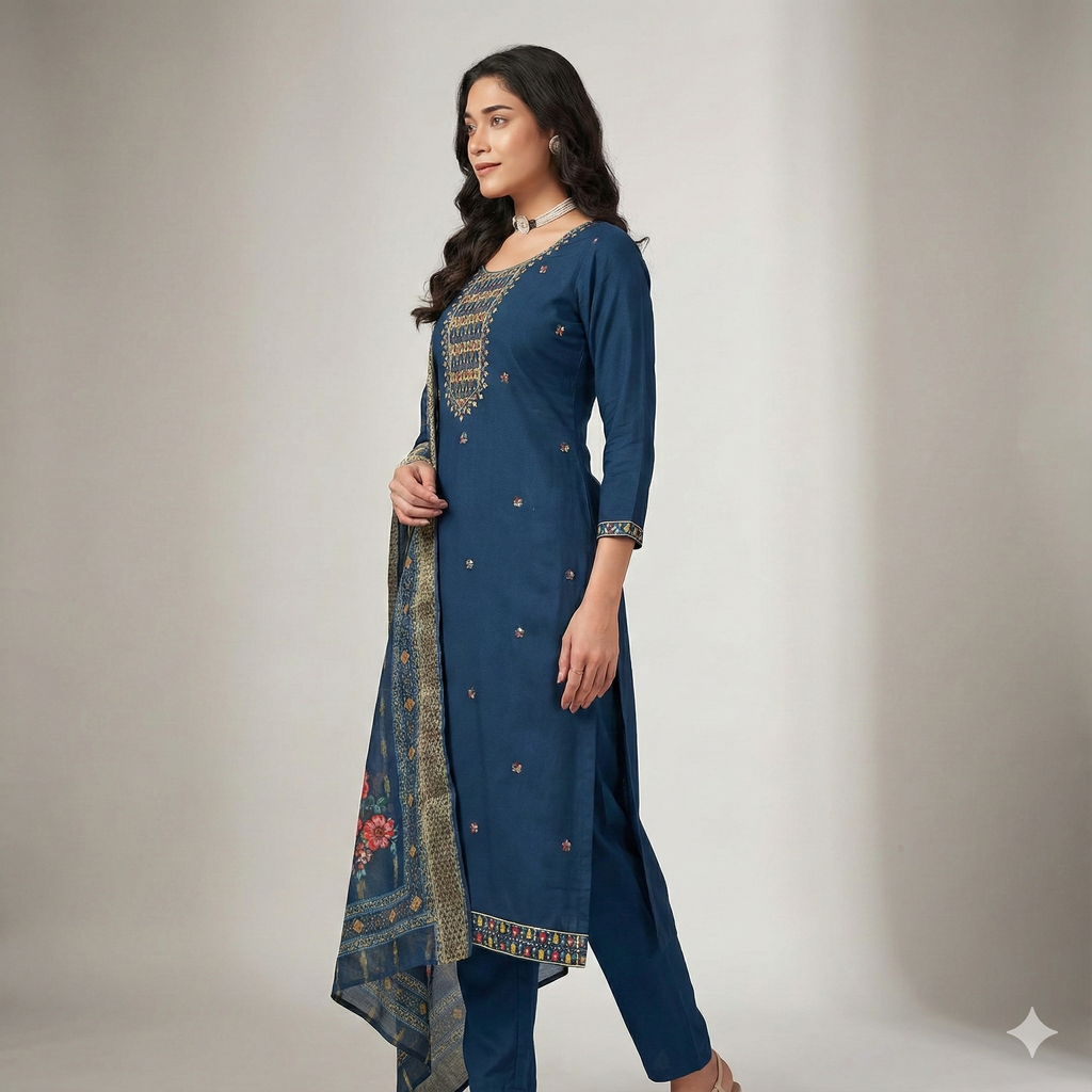 Navy Blue Embroidered 3-Piece Suit Set for Women – Kurta, Pant & Floral Printed Dupatta