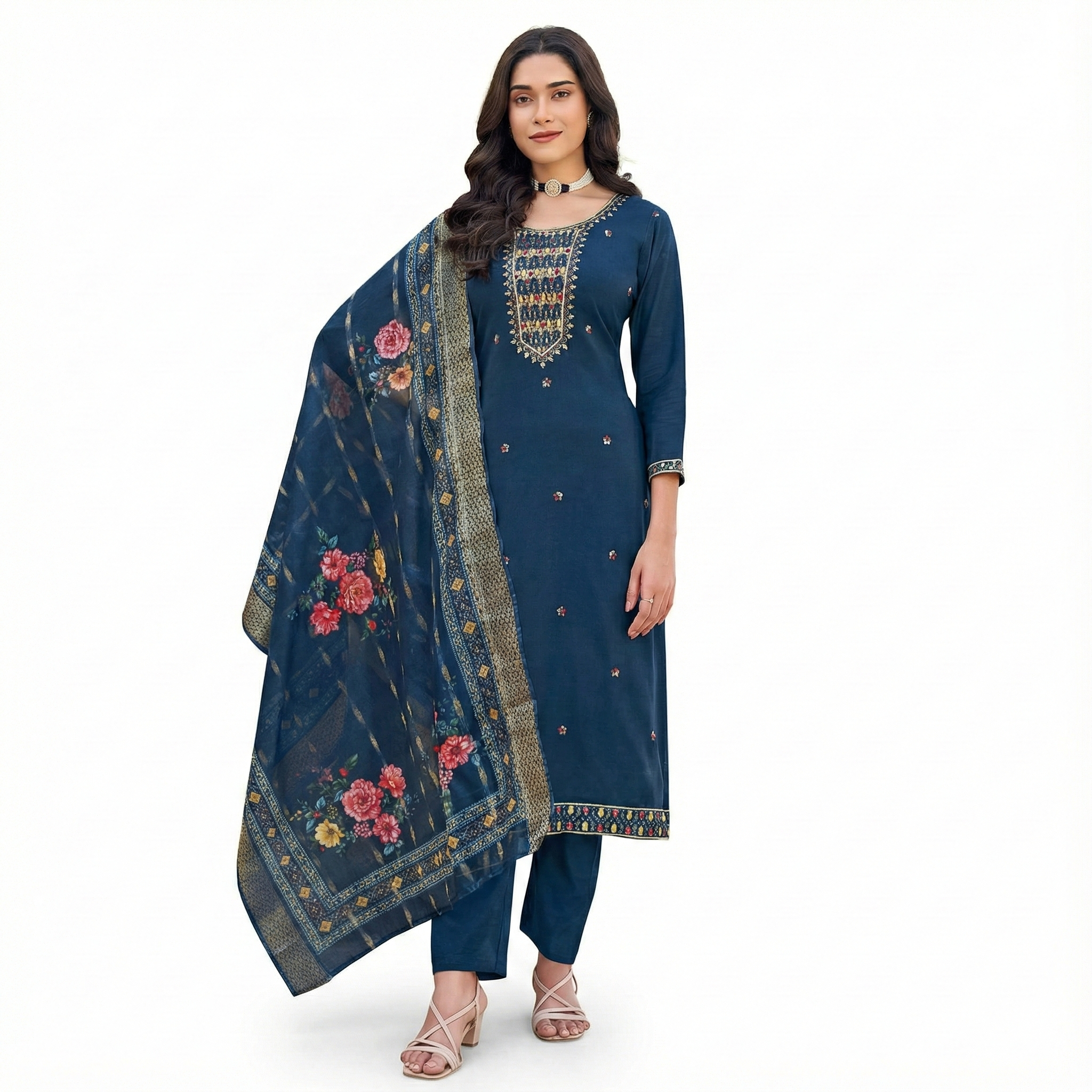 Navy Blue Embroidered 3-Piece Suit Set for Women – Kurta, Pant & Floral Printed Dupatta