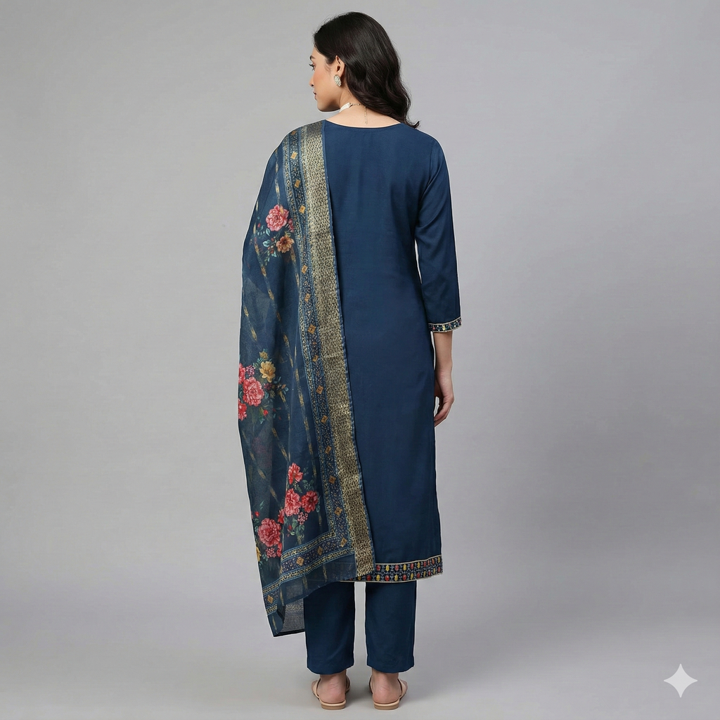 Navy Blue Embroidered 3-Piece Suit Set for Women – Kurta, Pant & Floral Printed Dupatta