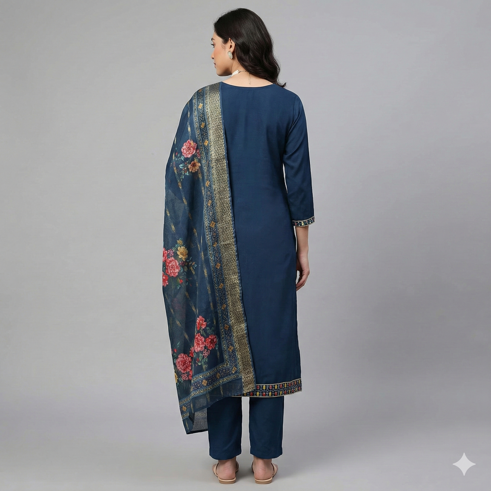 Navy Blue Embroidered 3-Piece Suit Set for Women – Kurta, Pant & Floral Printed Dupatta