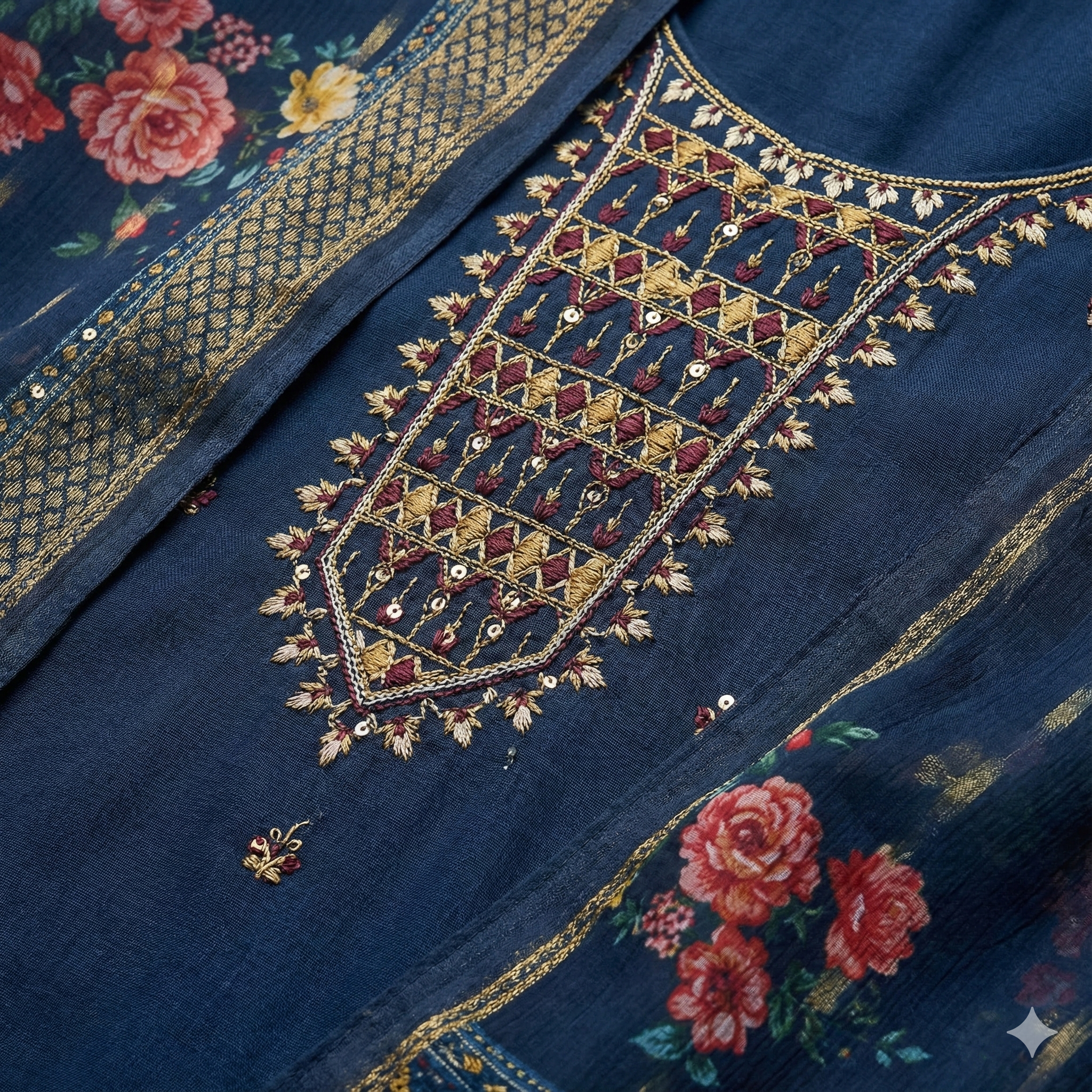 Navy Blue Embroidered 3-Piece Suit Set for Women – Kurta, Pant & Floral Printed Dupatta
