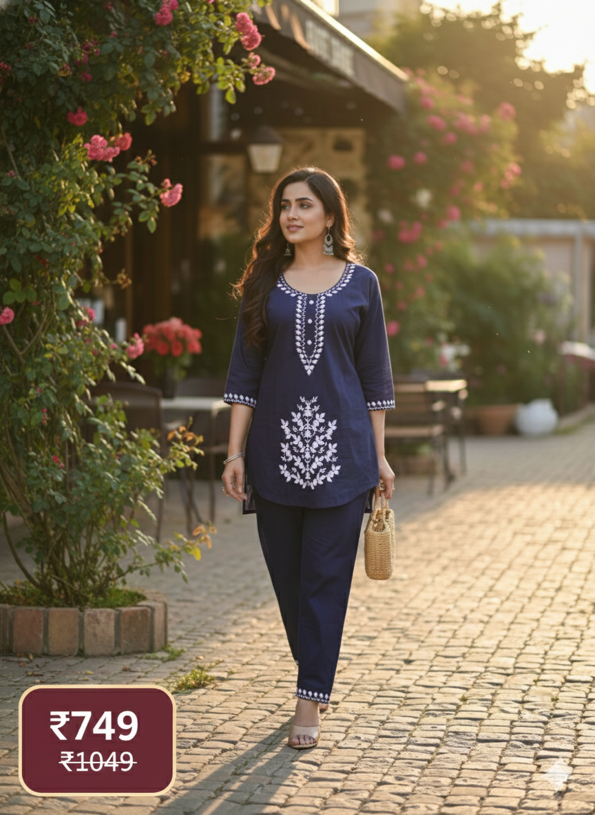 Navy Blue Embroidered Long Cord Set for Women | Elegant Daily Wear Two-Piece Set