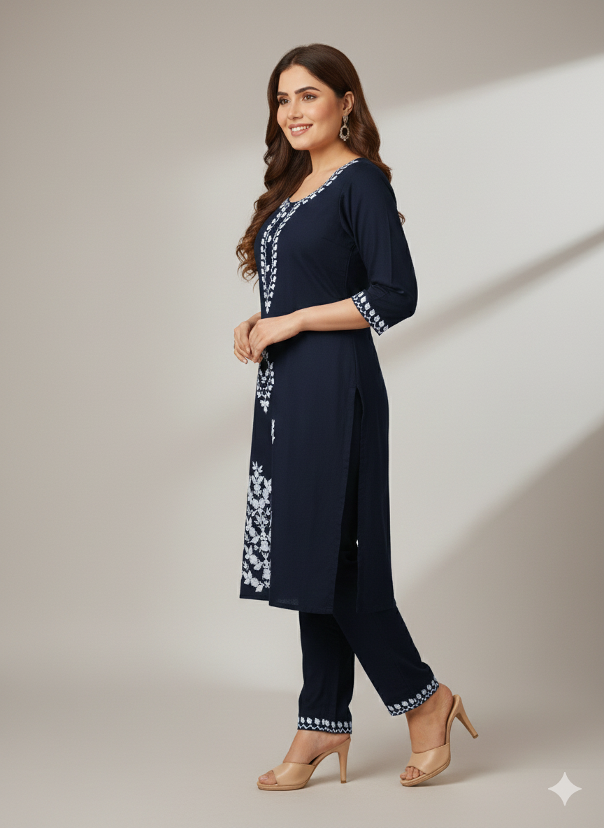 Navy Blue Embroidered Long Cord Set for Women | Elegant Daily Wear Two-Piece Set