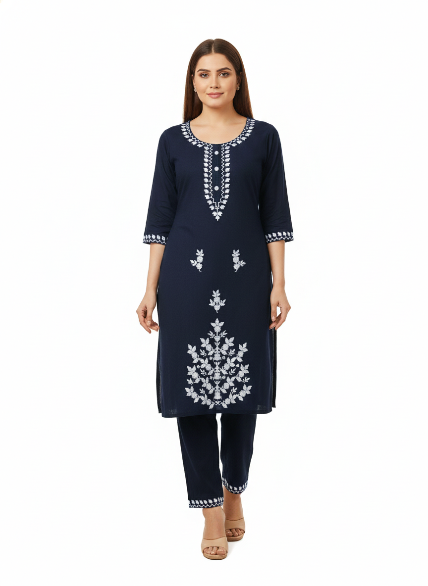 Navy Blue Embroidered Long Cord Set for Women | Elegant Daily Wear Two-Piece Set