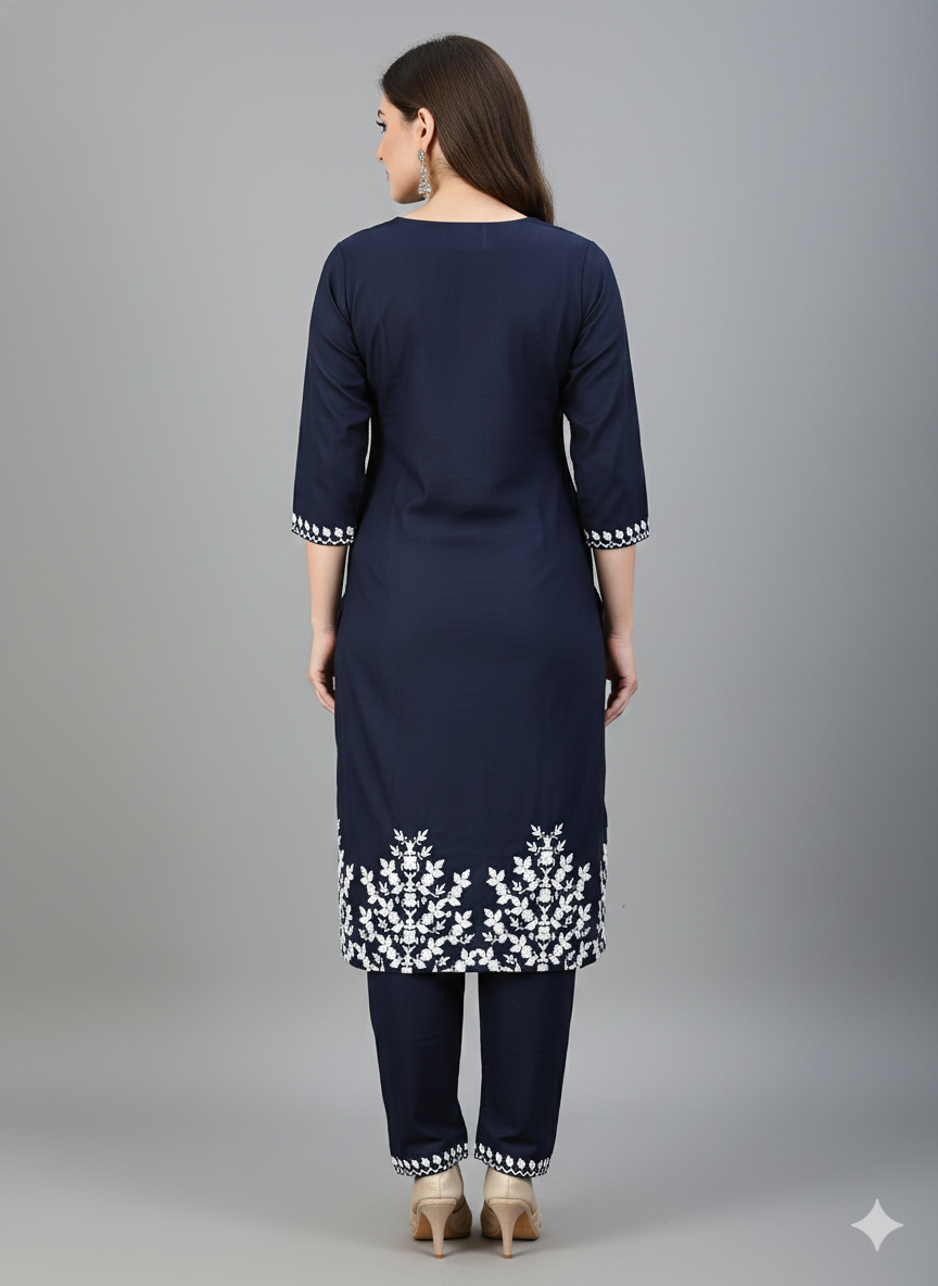 Navy Blue Embroidered Long Cord Set for Women | Elegant Daily Wear Two-Piece Set