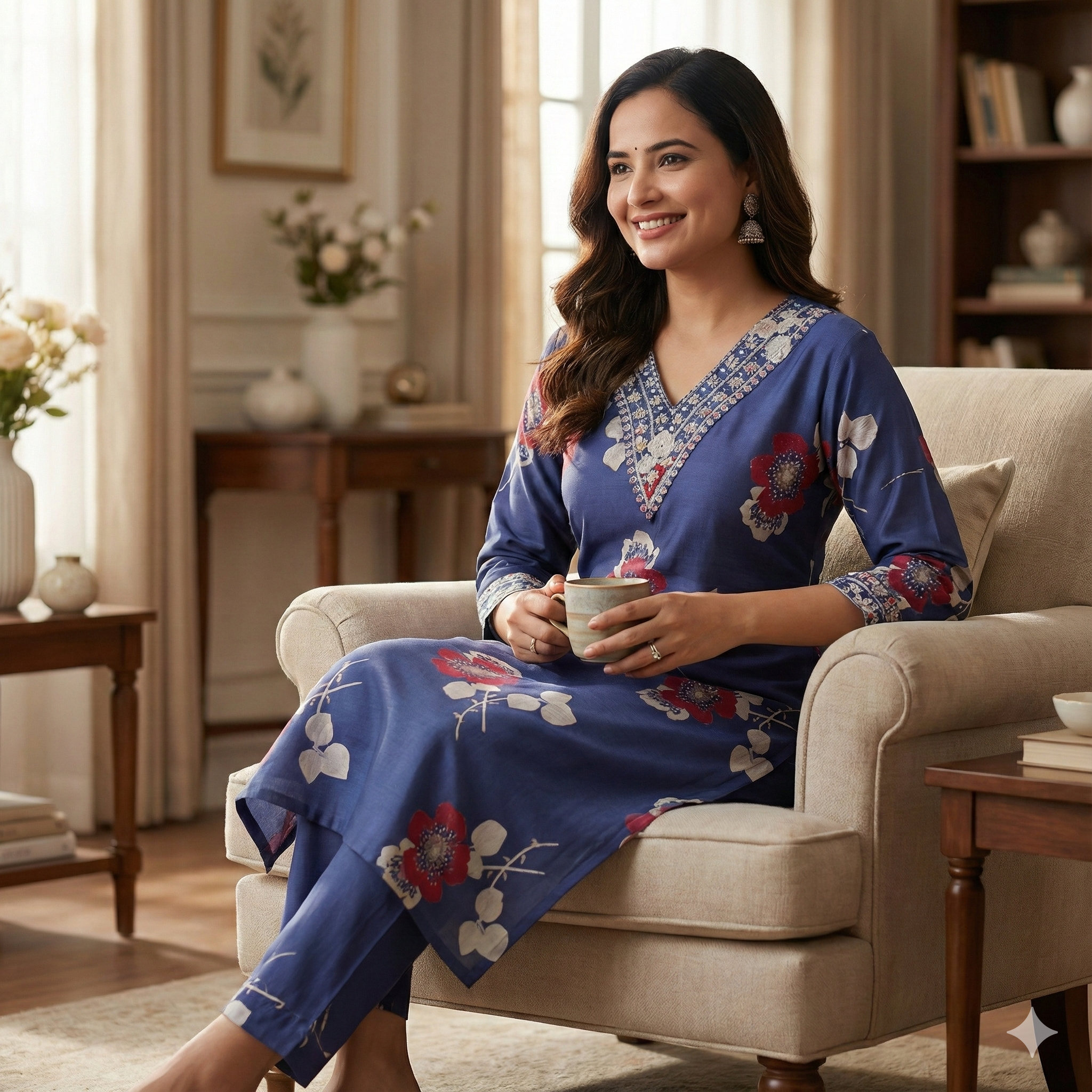 Navy Blue Floral Printed Cotton Kurta Pant Set for Women – Elegant Daily Wear 2-Piece Outfit
