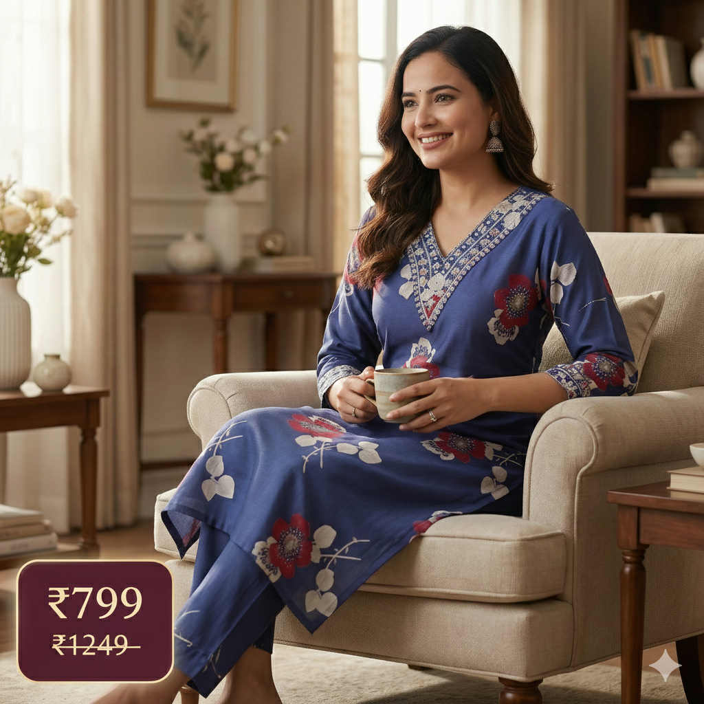 Navy Blue Floral Printed Cotton Kurta Pant Set for Women – Elegant Daily Wear 2-Piece Outfit
