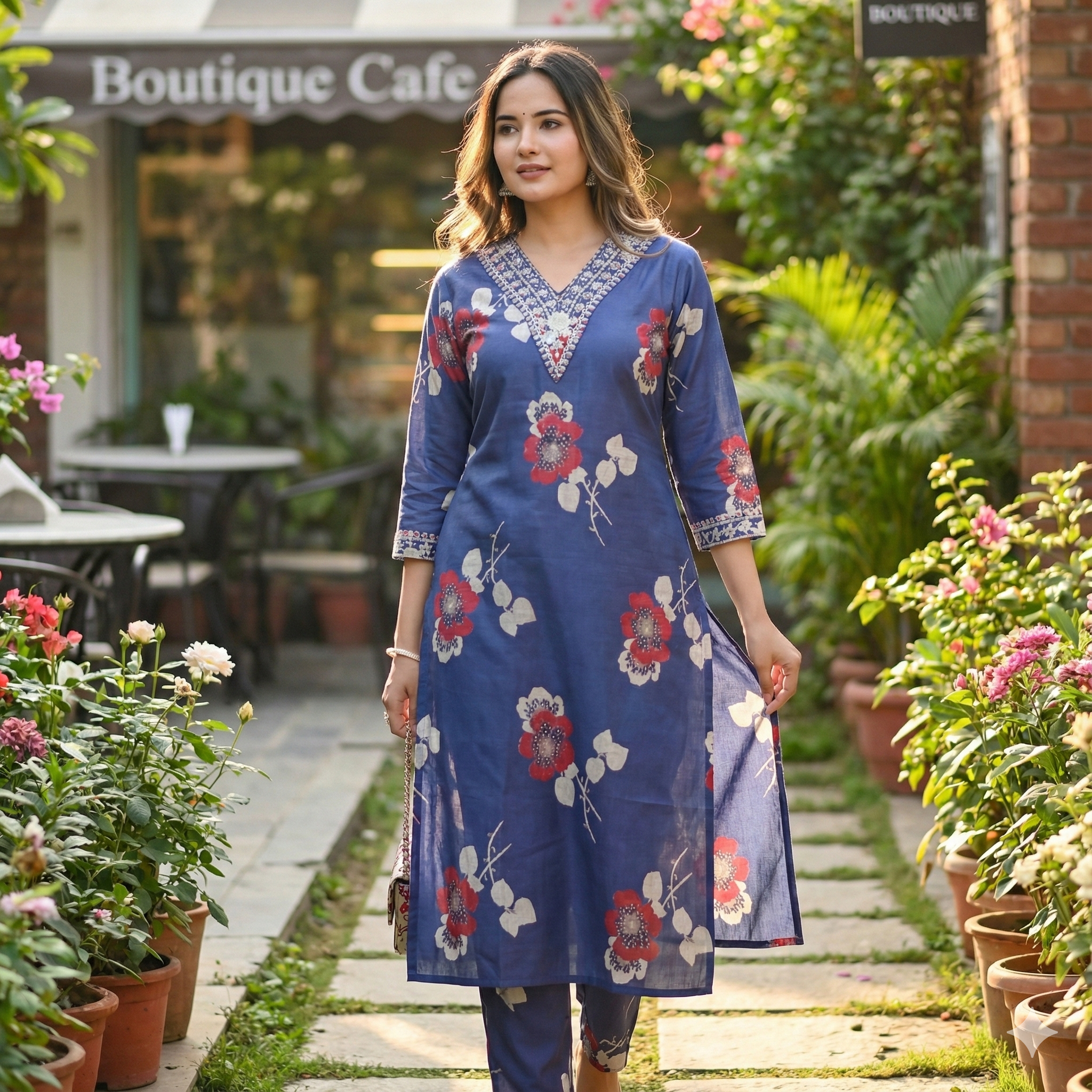 Navy Blue Floral Printed Cotton Kurta Pant Set for Women – Elegant Daily Wear 2-Piece Outfit