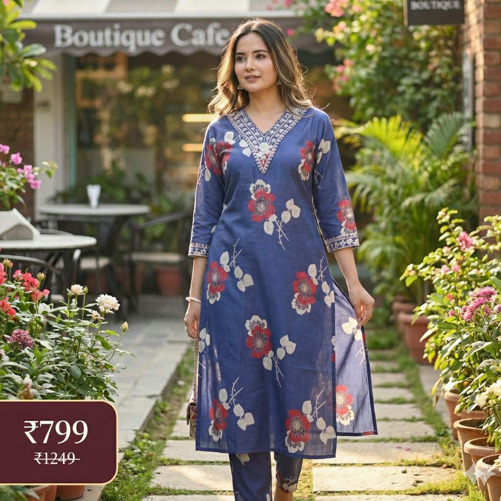Navy Blue Floral Printed Cotton Kurta Pant Set for Women – Elegant Daily Wear 2-Piece Outfit