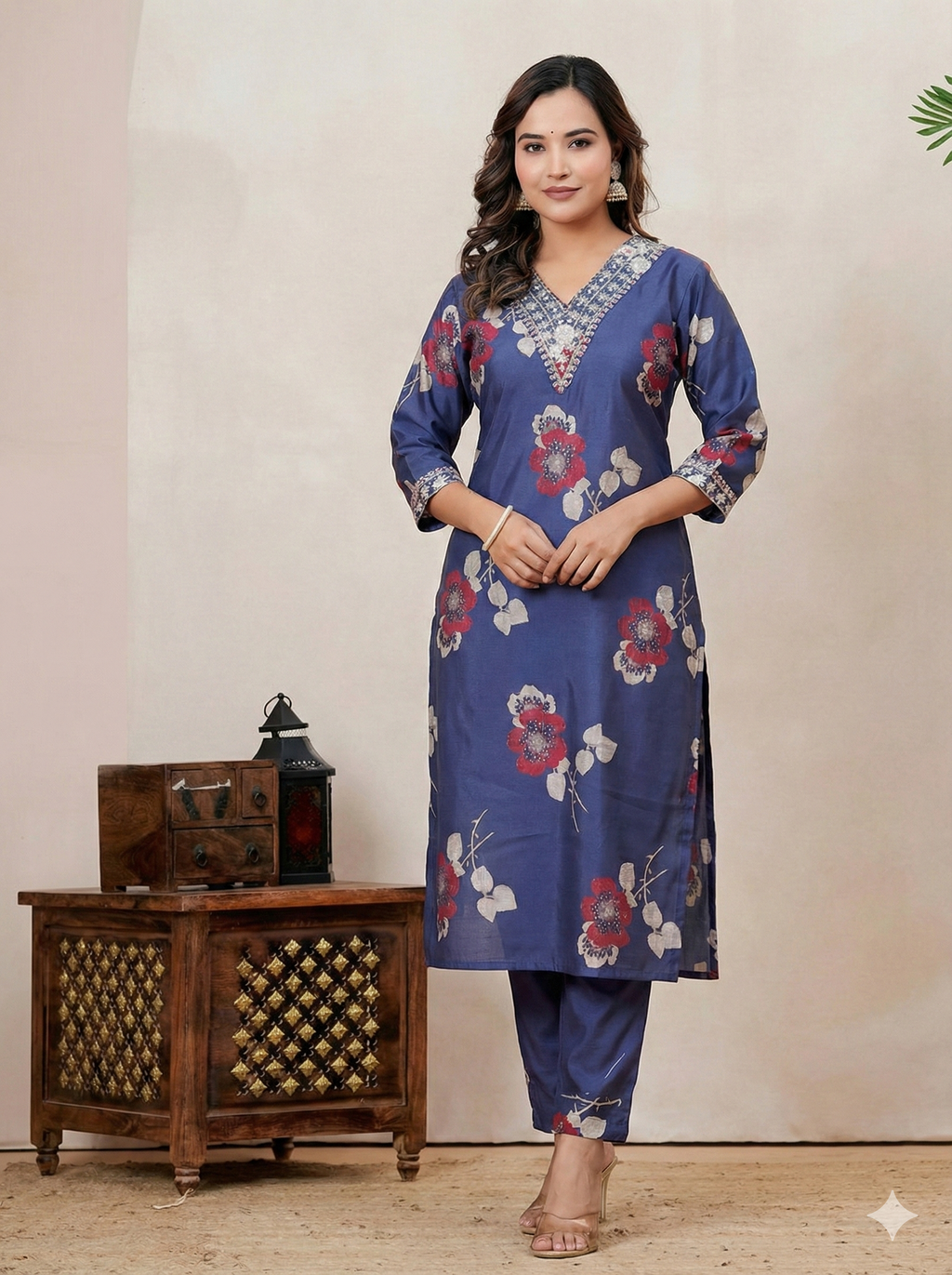 Navy Blue Floral Printed Cotton Kurta Pant Set for Women – Elegant Daily Wear 2-Piece Outfit