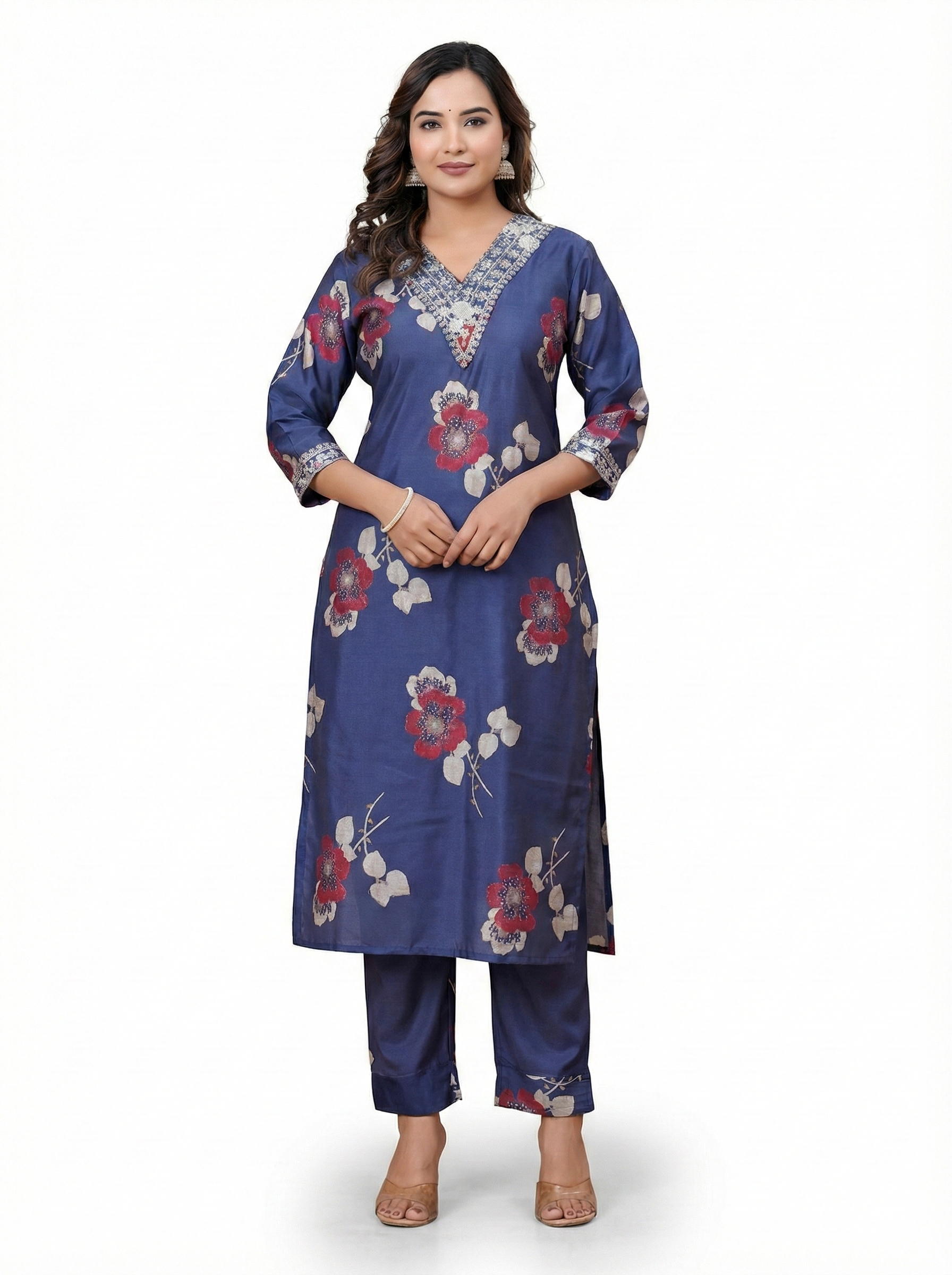 Navy Blue Floral Printed Cotton Kurta Pant Set for Women – Elegant Daily Wear 2-Piece Outfit