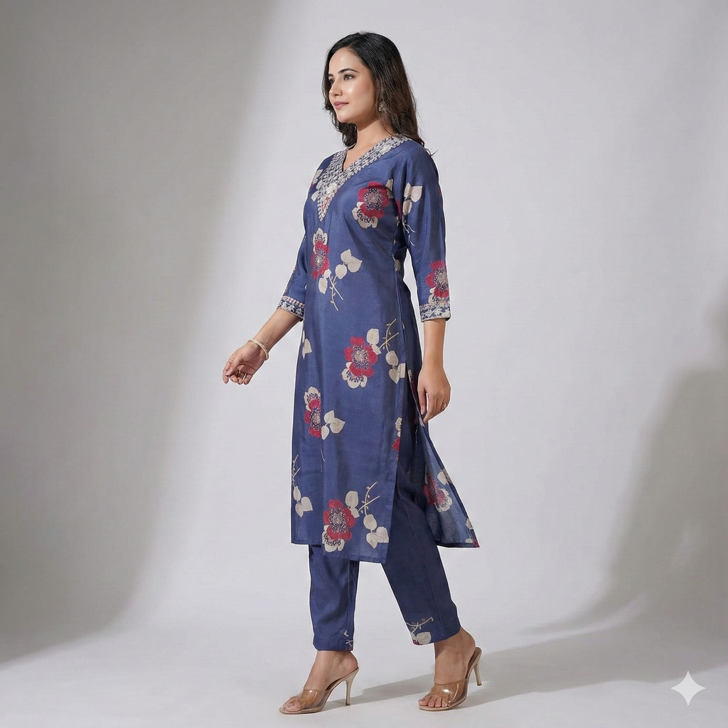 Navy Blue Floral Printed Cotton Kurta Pant Set for Women – Elegant Daily Wear 2-Piece Outfit