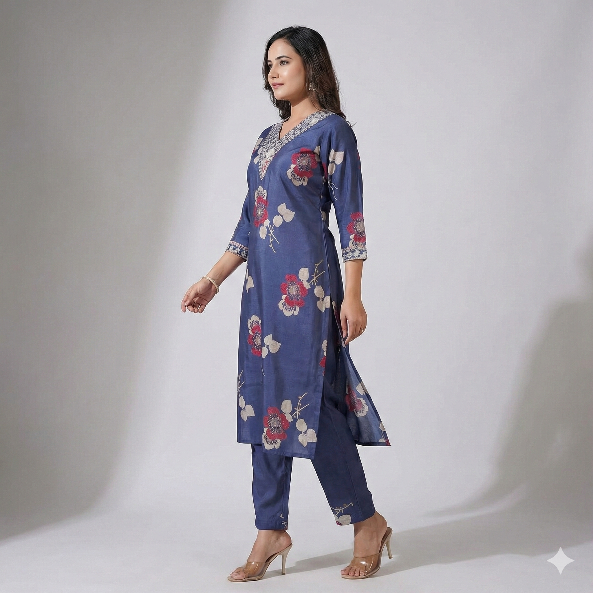 Navy Blue Floral Printed Cotton Kurta Pant Set for Women – Elegant Daily Wear 2-Piece Outfit