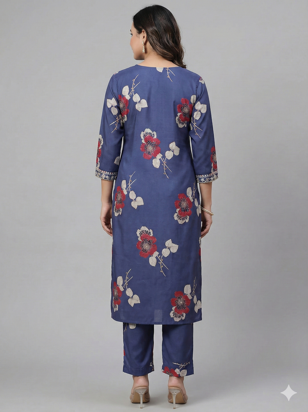Navy Blue Floral Printed Cotton Kurta Pant Set for Women – Elegant Daily Wear 2-Piece Outfit