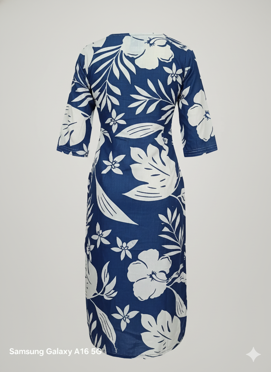 Navy Blue Floral Printed Rayon Kurti for Women | 3/4 Sleeve Straight Fit Ethnic Wear