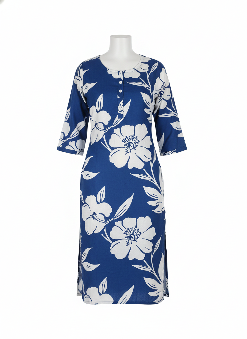 Navy Blue Floral Printed Rayon Kurti for Women | 3/4 Sleeve Straight Fit Ethnic Wear