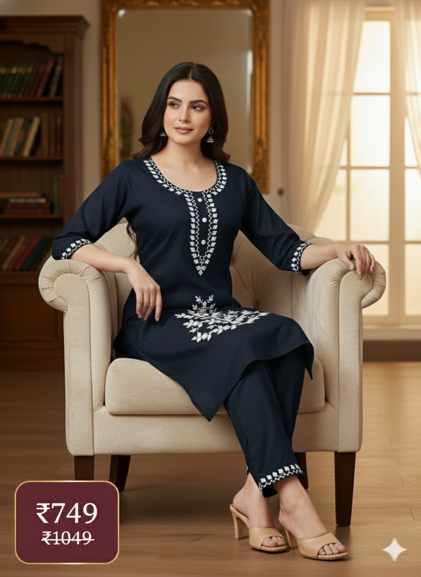 Elegant Navy Blue Long Cord Set with White Floral Embroidery | Premium Two-Piece Co-Ord for Daily & Festive Wear