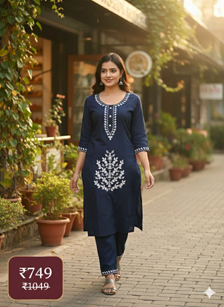 Elegant Navy Blue Long Cord Set with White Floral Embroidery | Premium Two-Piece Co-Ord for Daily & Festive Wear